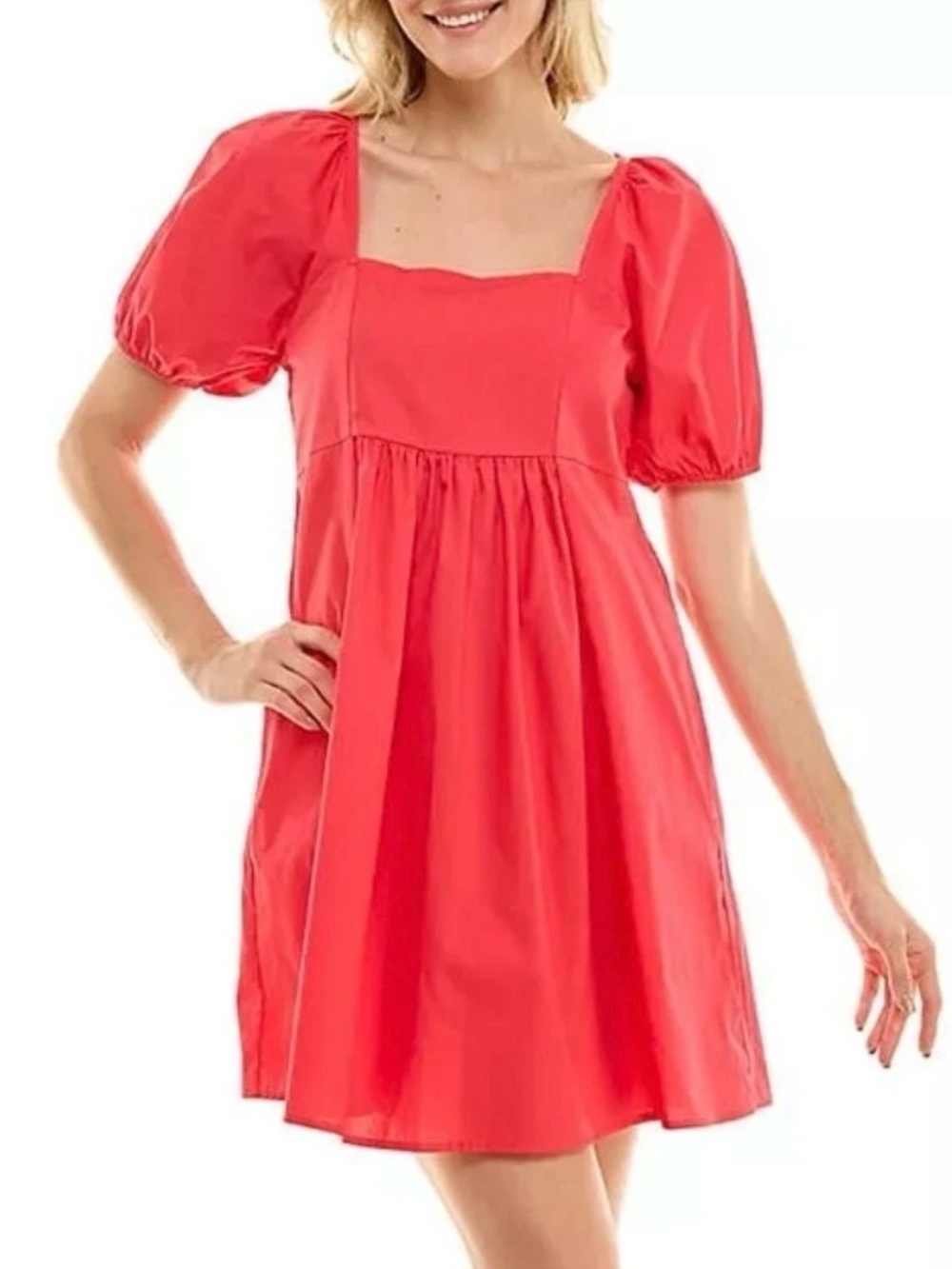 Draper James Coral Red Puff-Sleeve Square-Neck Mini Dress